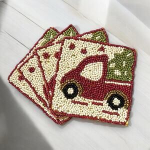 Pier 1 Imports Beaded Coasters Red Truck Christmas Set of 4 Pier 1 Velvet Bag